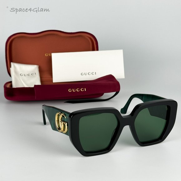 NEW Gucci GG0956S LOGO 001 Black Gold Green Rectangle Oversized Unisex Sunglasse - Picture 4 of 11